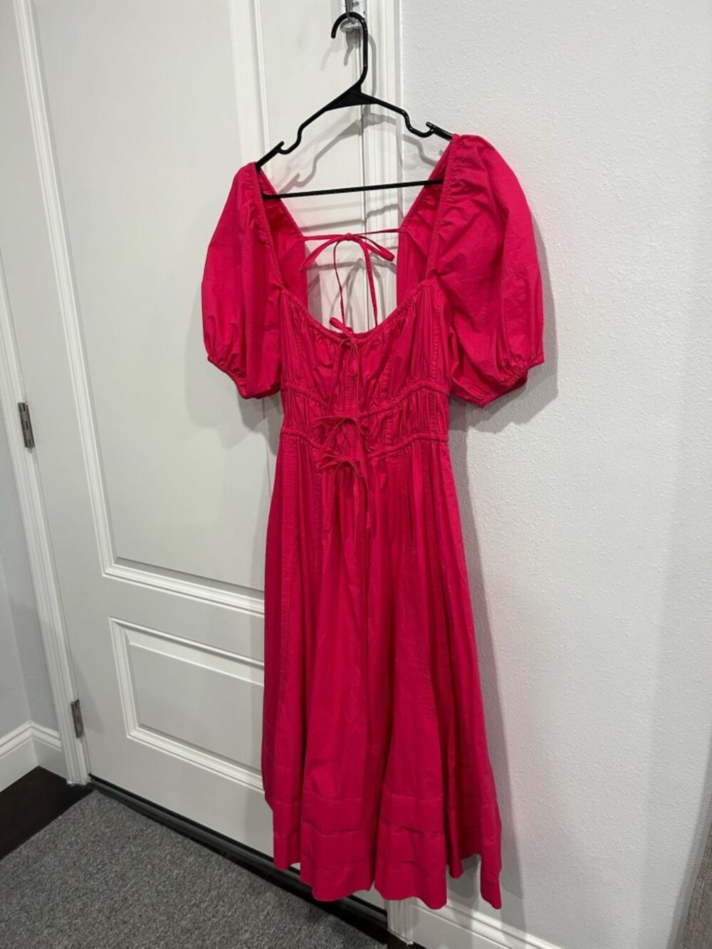 Ulla Johnson 8 Red Puff Sleeve Midi Dress Open Back Tie Coquette Milkmaid - Picture 3 of 12
